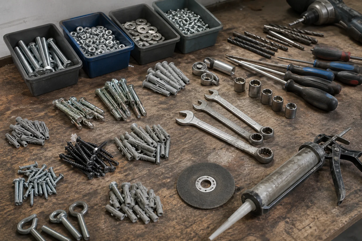 Herramienta manual, fijaciones, brocas y consumibles ferreteros en una mesa de trabajo