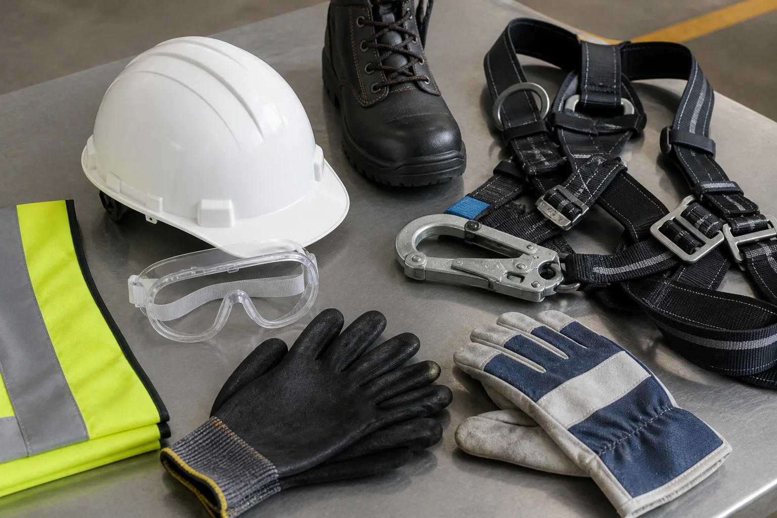Casco, lentes, guantes, chaleco, calzado y arnés de seguridad