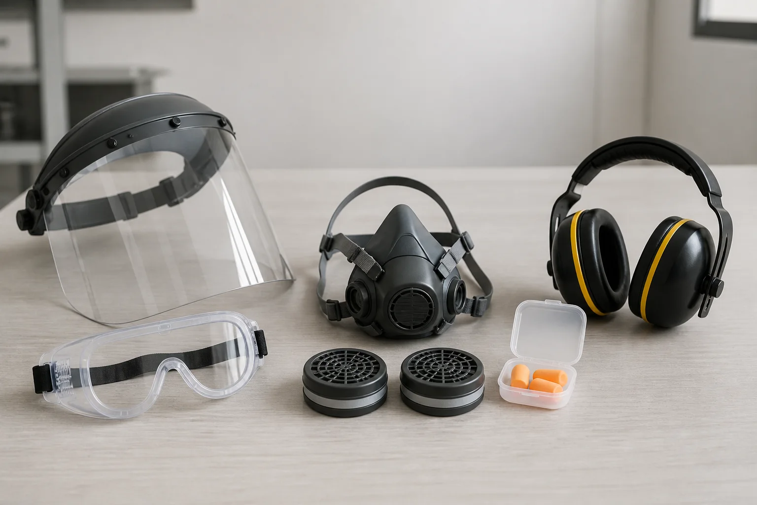 Careta, lentes, respirador, filtros y protectores auditivos